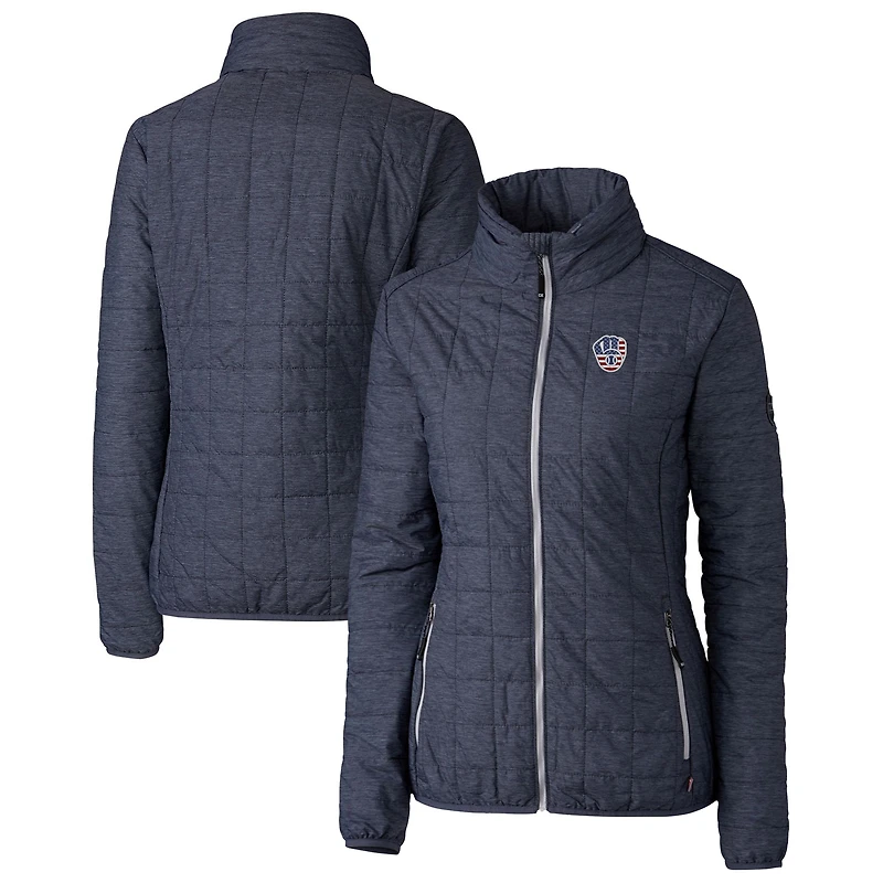 Doudoune isolante entièrement zippée PrimaLoft Eco Rainier pour femme, bleu marine chiné, avec logo Americana des Milwaukee Brewers, Cutter & Buck