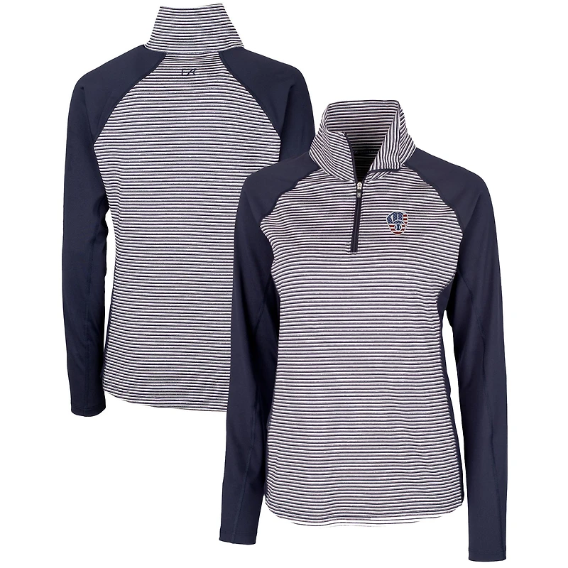 Women's Cutter & Buck Navy Milwaukee Brewers Americana Logo Forge Tonal Stripe Stretch Half-Zip Pullover Top