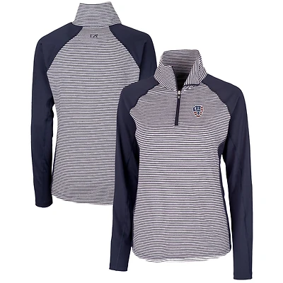 Women's Cutter & Buck Navy Milwaukee Brewers Americana Logo Forge Tonal Stripe Stretch Half-Zip Pullover Top