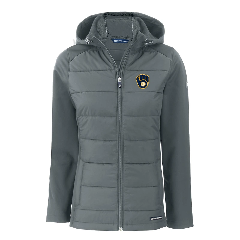 Veste à capuche entièrement zippée en softshell recyclée Cutter & Buck Steel Milwaukee Brewers Evoke Hybrid Eco pour femme