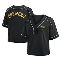 T-shirt court à col en V surdimensionné noir des Milwaukee Brewers pour femme Fanatics