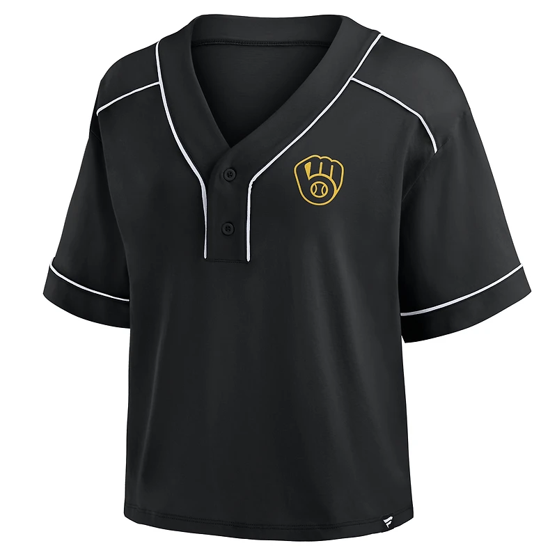 T-shirt court à col en V surdimensionné noir des Milwaukee Brewers pour femme Fanatics