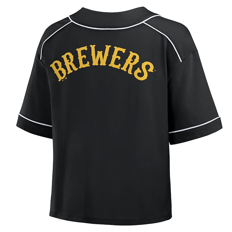 T-shirt court à col en V surdimensionné noir des Milwaukee Brewers pour femme Fanatics