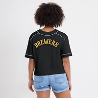 T-shirt court à col en V surdimensionné noir des Milwaukee Brewers pour femme Fanatics