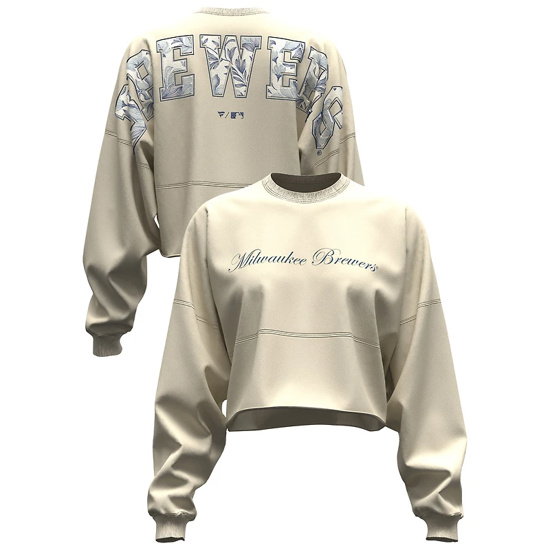 Women's Fanatics Light Beige Milwaukee Brewers Spirit Floral Script Cropped Long-Sleeve T-Shirt