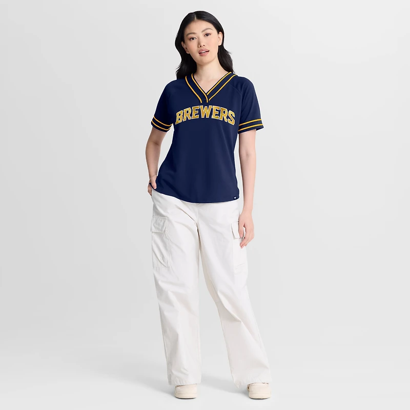 Women's Fanatics Navy Milwaukee Brewers Diva Race Ahead Raglan V-Neck T-Shirt