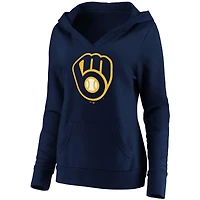 Women's Fanatics Navy Milwaukee Brewers Official Logo Crossover V-Neck Pullover Hoodie