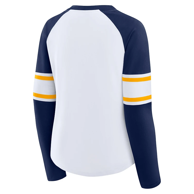 Women's Fanatics White/Navy Milwaukee Brewers Blitz Package Raglan Lace-Up V-Neck Long Sleeve T-Shirt