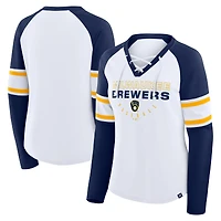 Women's Fanatics White/Navy Milwaukee Brewers Blitz Package Raglan Lace-Up V-Neck Long Sleeve T-Shirt