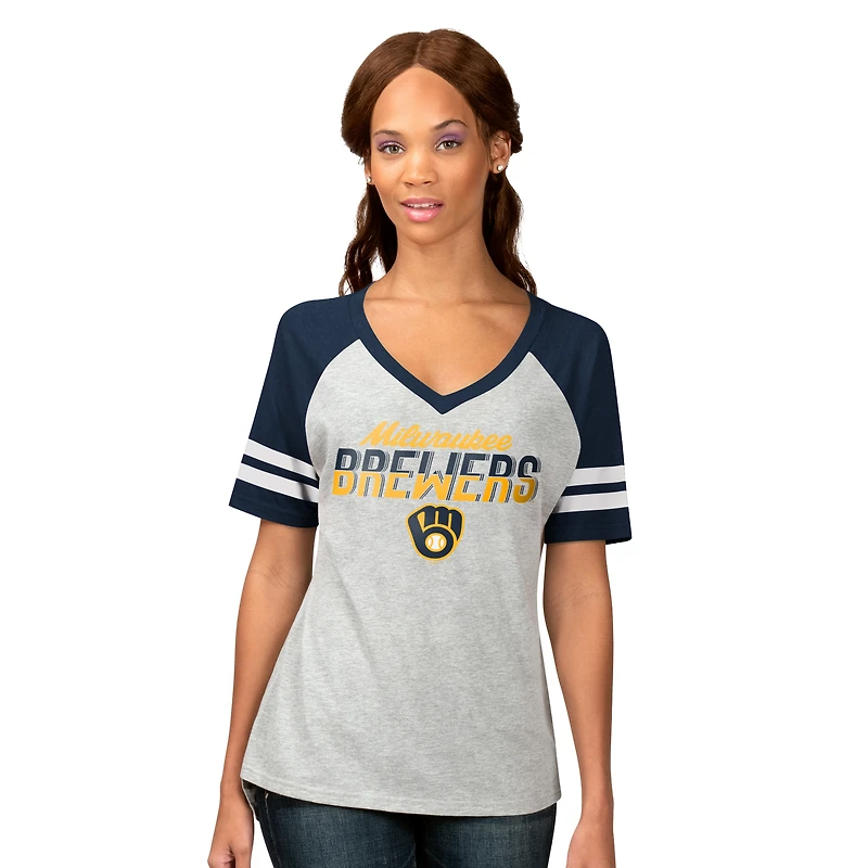 Women's G-III 4Her by Carl Banks Heather Gray Milwaukee Brewers Goal Line Raglan V-Neck T-Shirt