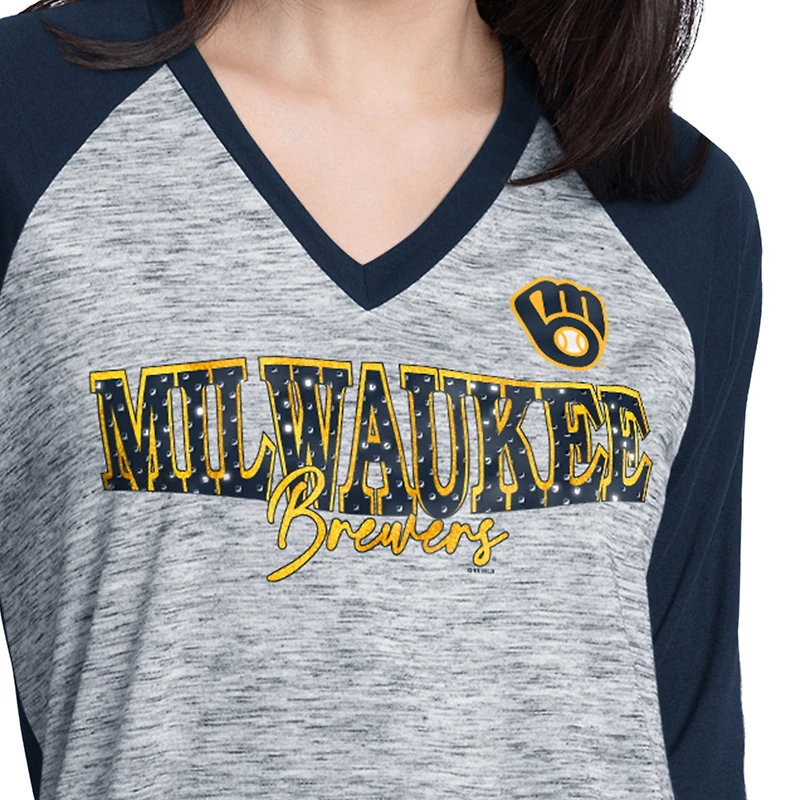 Women's G-III 4Her by Carl Banks Navy/Heather Navy Milwaukee Brewers Speed Training 3/4-Sleeve Rhinestone V-Neck T-Shirt