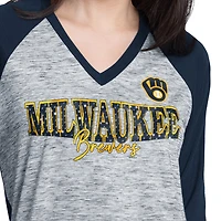 Women's G-III 4Her by Carl Banks Navy/Heather Navy Milwaukee Brewers Speed Training 3/4-Sleeve Rhinestone V-Neck T-Shirt
