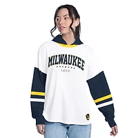Women's G-III 4Her by Carl Banks  White/Navy Milwaukee Brewers Key Player Oversized Hooded Long Sleeve T-Shirt