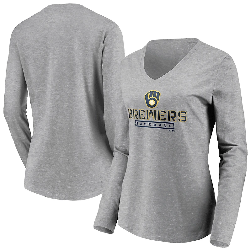 Women's Gray Milwaukee Brewers Evanston Stencil Long Sleeve V-Neck T-Shirt
