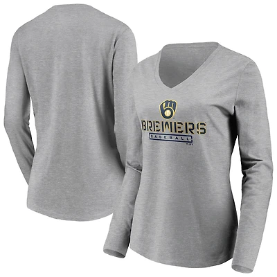 Women's  Gray Milwaukee Brewers Evanston Stencil Long Sleeve V-Neck T-Shirt