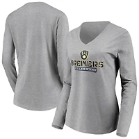 Women's  Gray Milwaukee Brewers Evanston Stencil Long Sleeve V-Neck T-Shirt