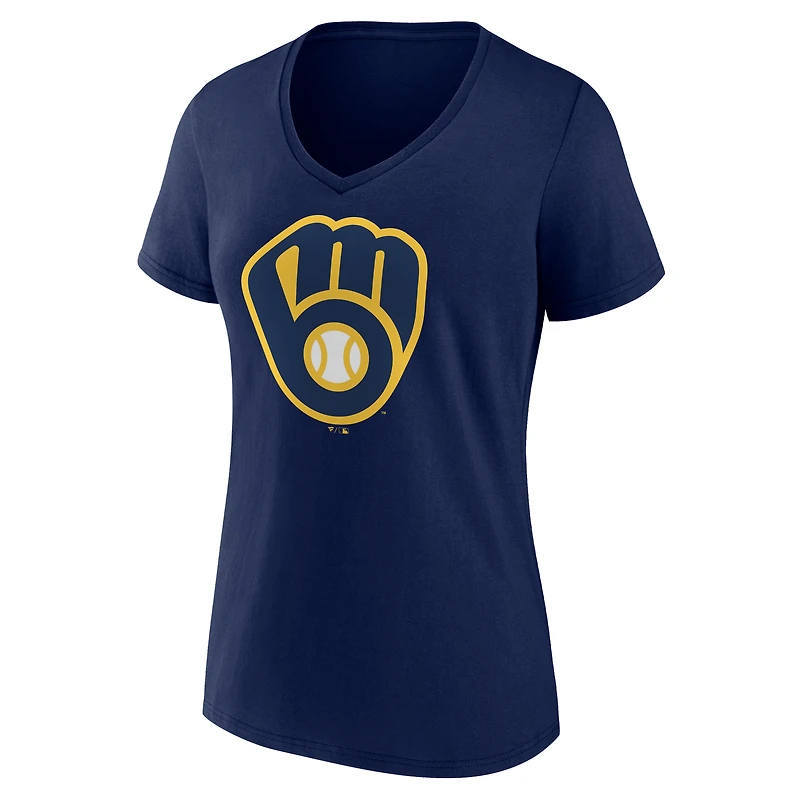 T-shirt de sport à col en V pour femme, bleu marine, logo officiel des Milwaukee Brewers