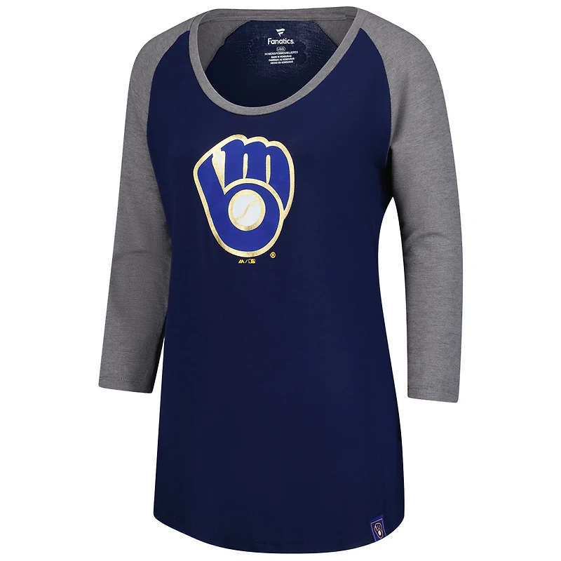 Women's Majestic Navy Milwaukee Brewers Raglan 3/4-Sleeve T-Shirt