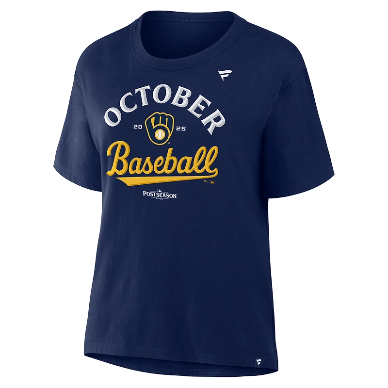 T-shirt bleu marine pour femme des Milwaukee Brewers, saison 2025 de la MLB, vestiaires