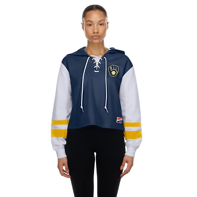 Women's New Era Navy Milwaukee Brewers Boxy Lace-Up Hoodie