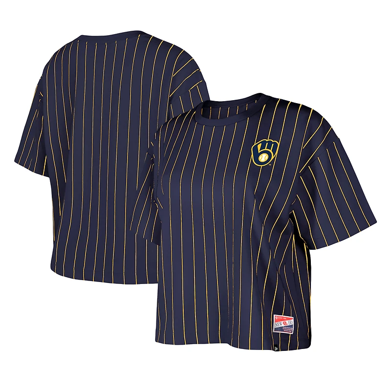 Women's New Era Navy Milwaukee Brewers Boxy Pinstripe T-Shirt