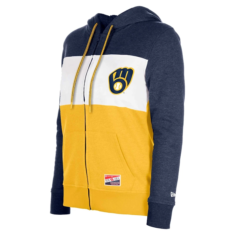 Veste à capuche entièrement zippée New Era pour femmes, Milwaukee Brewers, color block, bleu marine