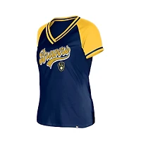 T-shirt à col en V New Era bleu marine pour femme, édition spéciale Milwaukee Brewers.