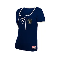 T-shirt à lacets rétro Milwaukee Brewers New Era bleu marine pour femme