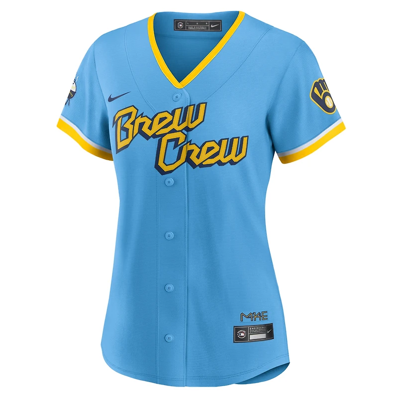 Maillot de joueur réplique Nike Christian Yelich pour femme, bleu poudre, Milwaukee Brewers City Connect