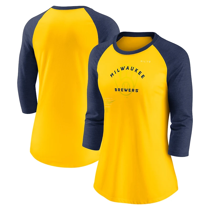 T-shirt à manches 3/4 raglan trois mélanges Nike Brewers de Milwaukee Next Up pour femme, doré/bleu marine