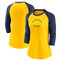 T-shirt à manches 3/4 raglan trois mélanges Nike Brewers de Milwaukee Next Up pour femme, doré/bleu marine
