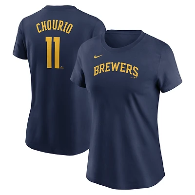 Women's Nike Jackson Chourio Navy Milwaukee Brewers Cooperstown Collection Fuse Name & Number T-Shirt