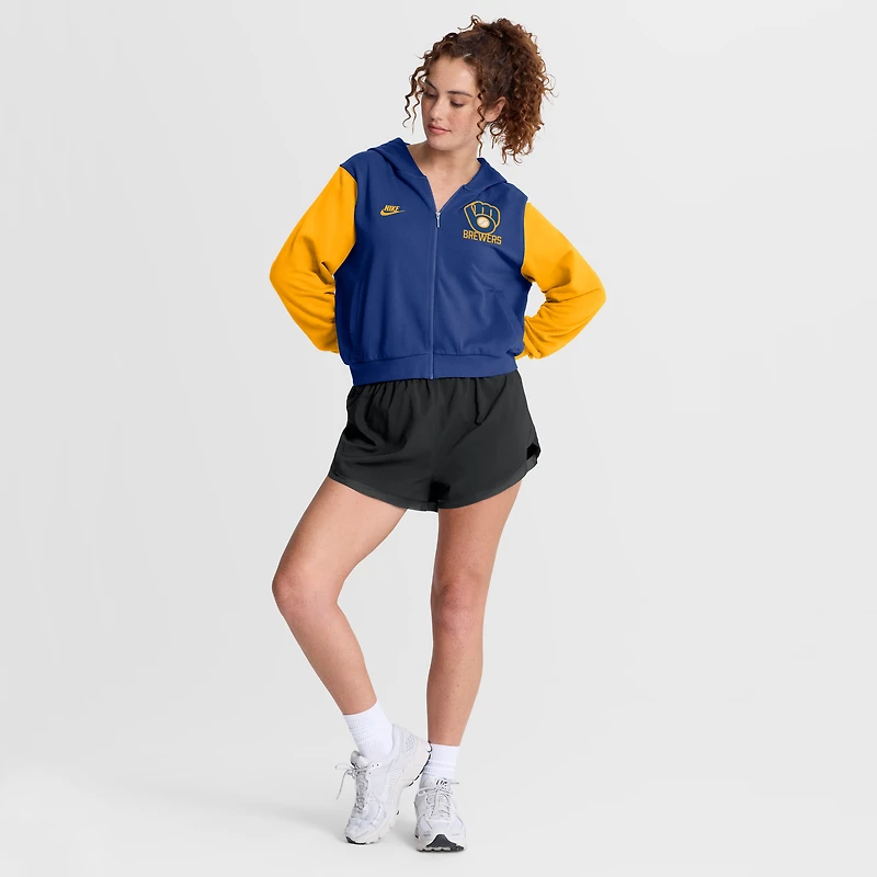 Women's Nike Royal/Gold Milwaukee Brewers Cooperstown Collection Cropped Full-Zip Hoodie