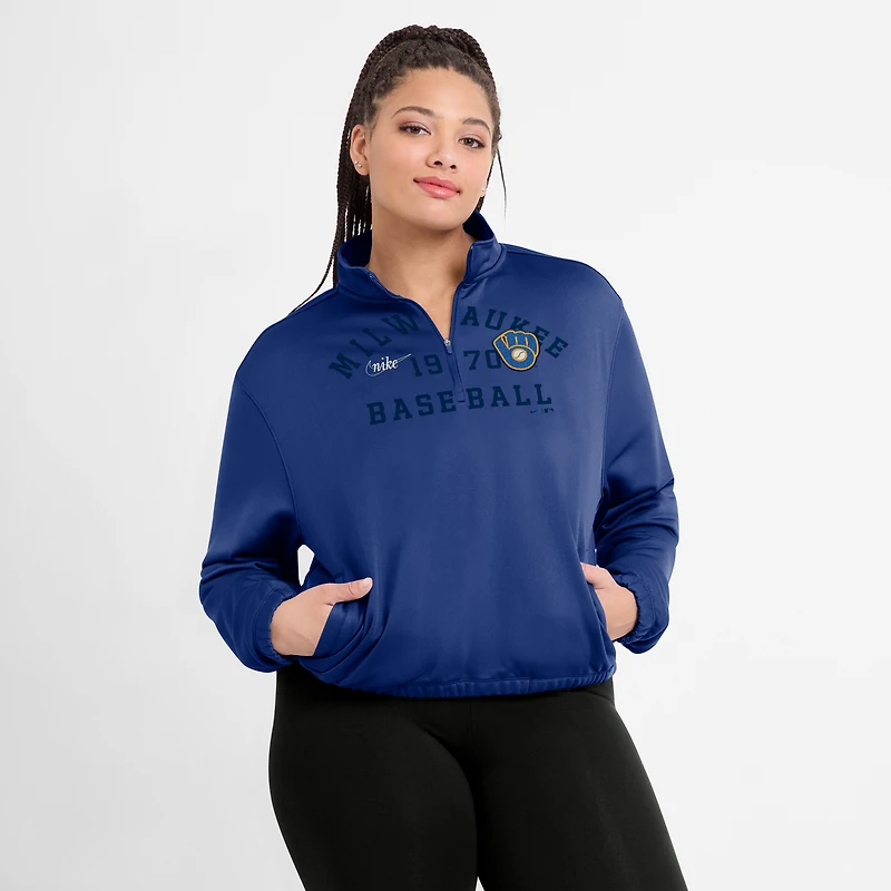 Sweat-shirt semi-court à demi-zip et ourlet bulle Nike Royal Milwaukee Brewers Rewind Splice pour femme