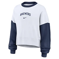 Women's Nike White/Navy Milwaukee Brewers Oversized High Hip Fleece Sweatshirt