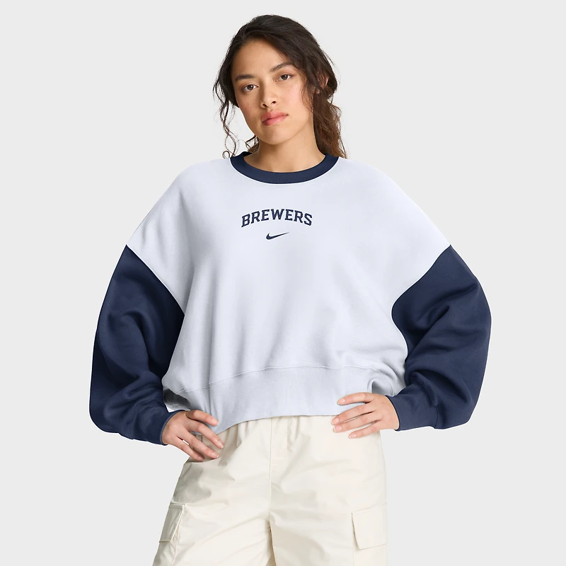Women's Nike White/Navy Milwaukee Brewers Oversized High Hip Fleece Sweatshirt