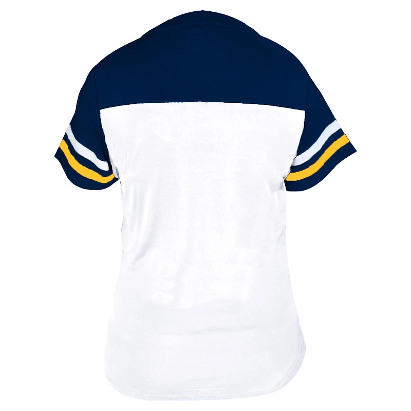 Profil femme T-shirt à col en V deux bandes blanc/marine Milwaukee Brewers grande taille
