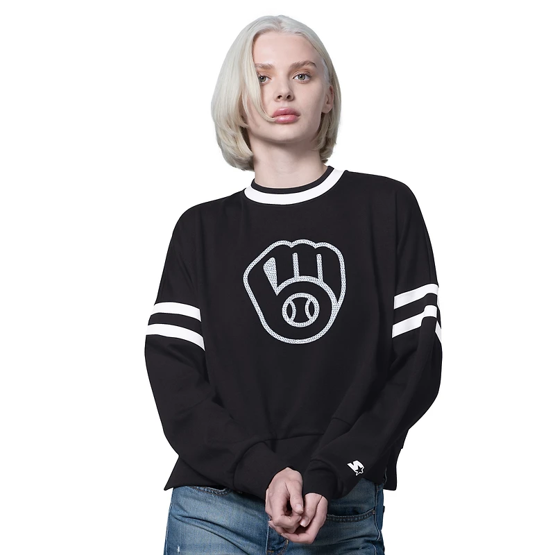 Women's Starter Black Milwaukee Brewers Rally Cropped Drop Shoulder Crewneck Sweatshirt