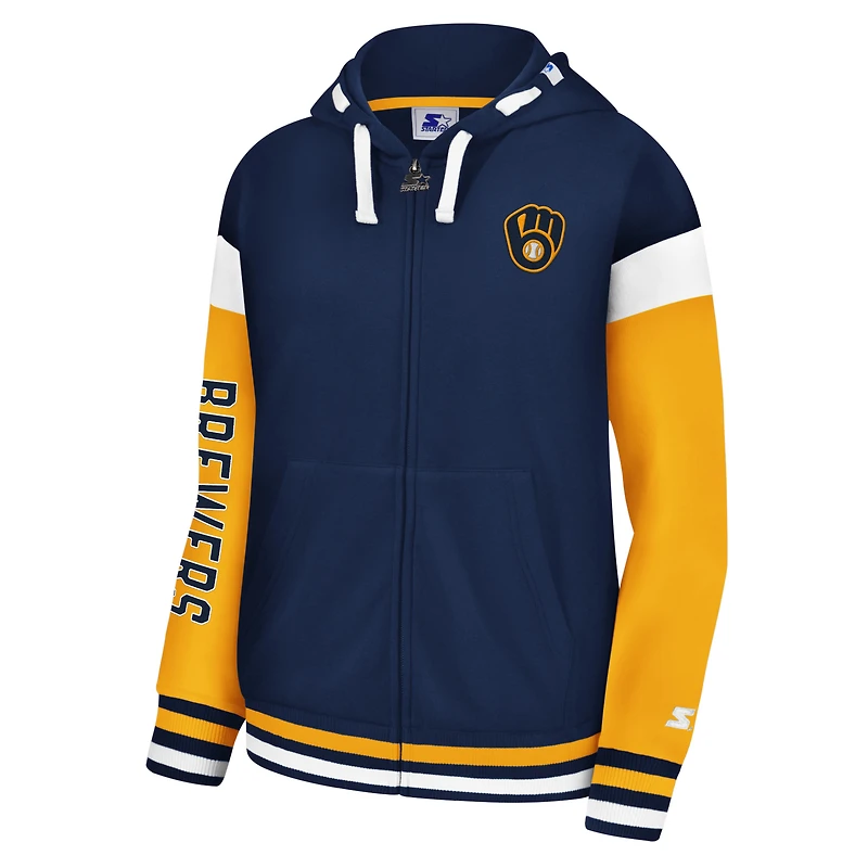 Sweat à capuche entièrement zippé Starter Navy Milwaukee Brewers Homestretch pour femmes