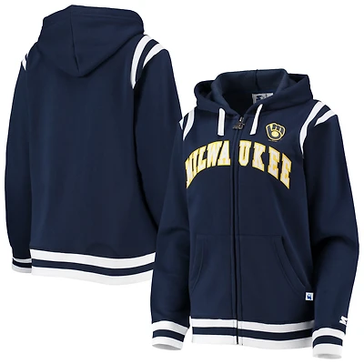 Women's Starter Navy Milwaukee Brewers Vintage Full-Zip Hoodie