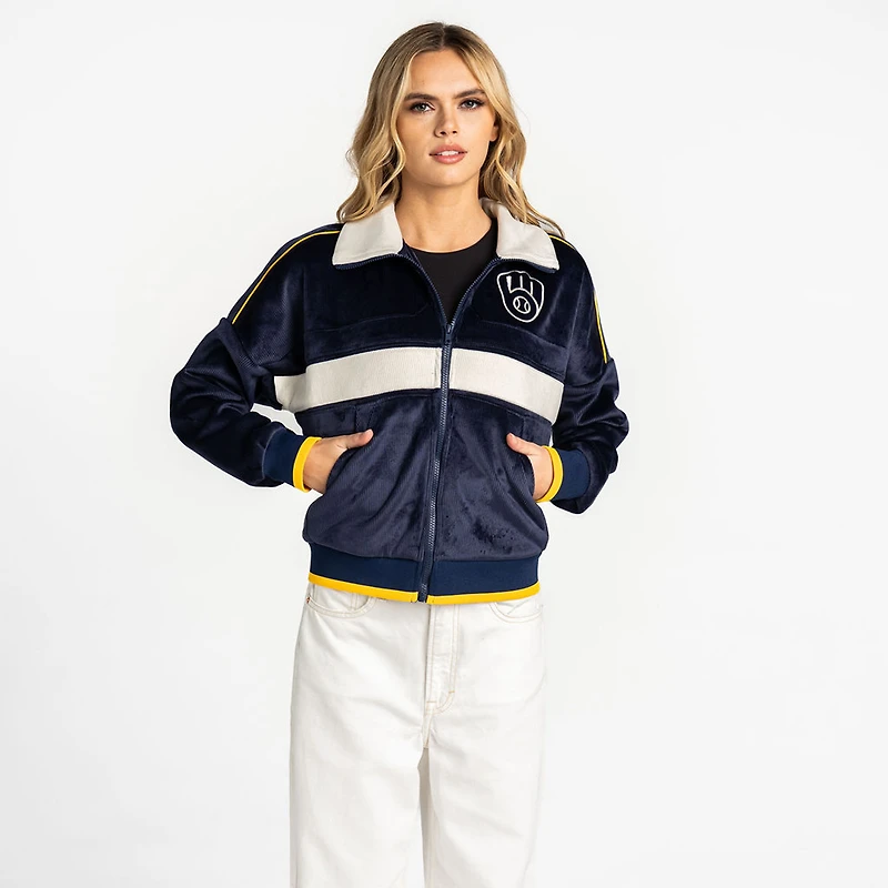 Veste zippée en velours côtelé bleu marine The Wild Collective pour femme, Milwaukee Brewers