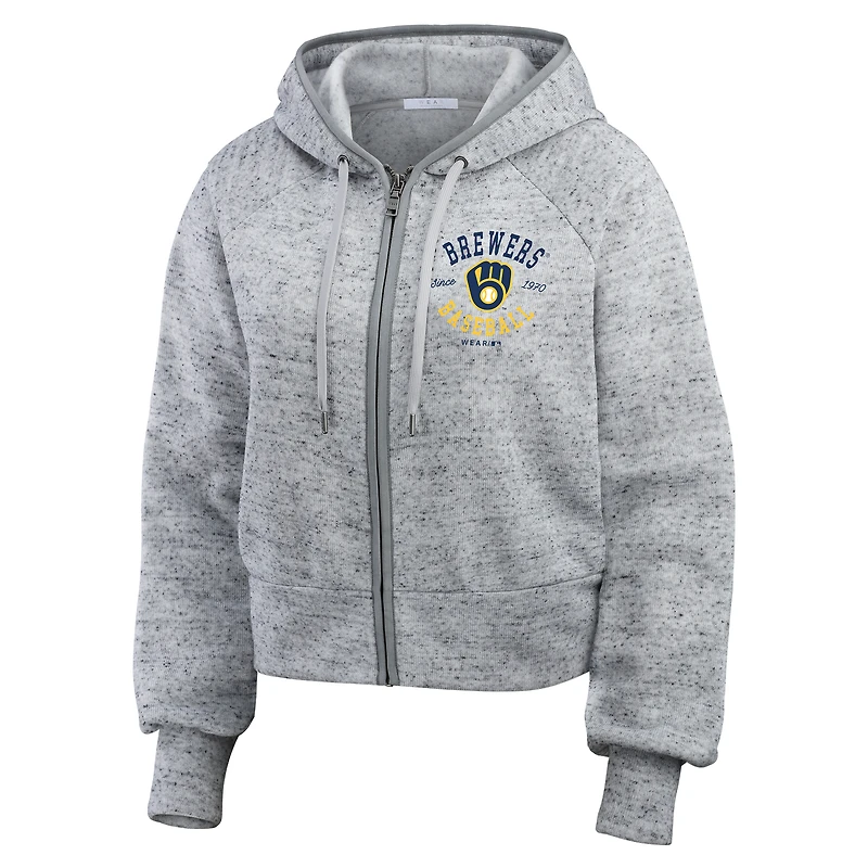 Sweat à capuche court en polaire moucheté et zippé Heather Gray Milwaukee Brewers pour femme par Erin Andrews
