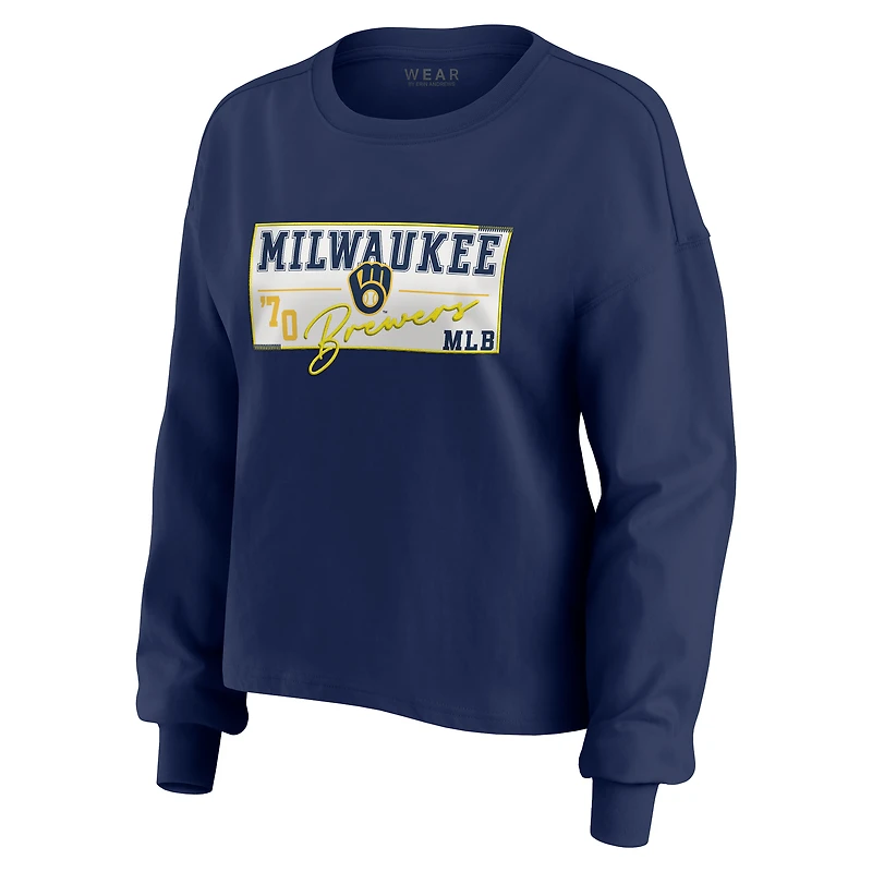 Women's WEAR by Erin Andrews Navy Milwaukee Brewers Heavy Rugby Jersey Cropped Long Sleeve T-Shirt & Shorts Lounge Set