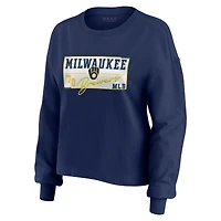 Women's WEAR by Erin Andrews Navy Milwaukee Brewers Heavy Rugby Jersey Cropped Long Sleeve T-Shirt & Shorts Lounge Set