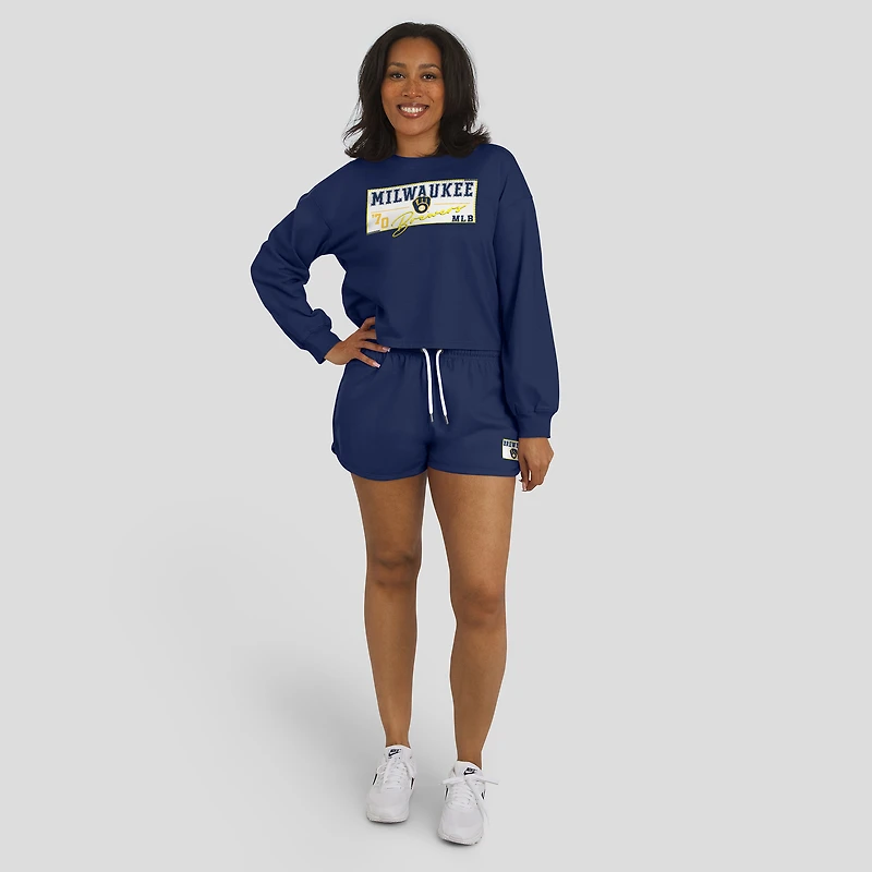 Women's WEAR by Erin Andrews Navy Milwaukee Brewers Heavy Rugby Jersey Cropped Long Sleeve T-Shirt & Shorts Lounge Set