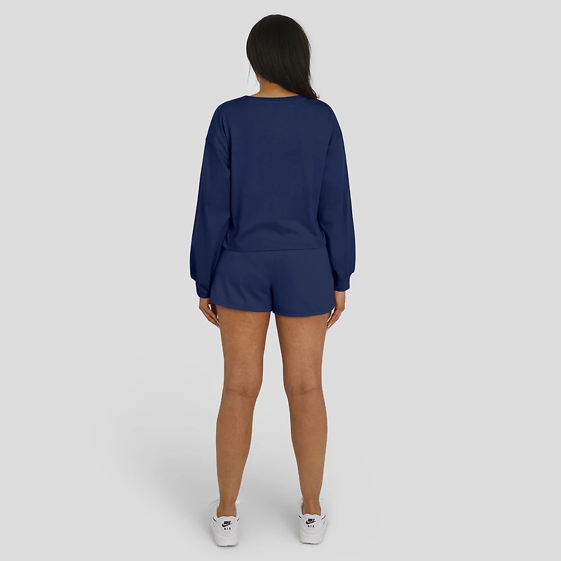 Women's WEAR by Erin Andrews Navy Milwaukee Brewers Heavy Rugby Jersey Cropped Long Sleeve T-Shirt & Shorts Lounge Set