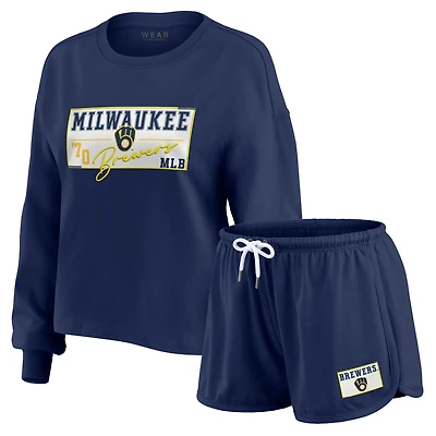 Women's WEAR by Erin Andrews Navy Milwaukee Brewers Heavy Rugby Jersey Cropped Long Sleeve T-Shirt & Shorts Lounge Set