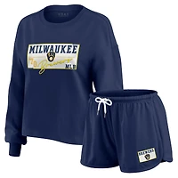 Women's WEAR by Erin Andrews Navy Milwaukee Brewers Heavy Rugby Jersey Cropped Long Sleeve T-Shirt & Shorts Lounge Set
