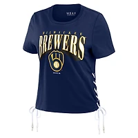 T-shirt court à lacets sur le côté des Milwaukee Brewers WEAR by Erin Andrews pour femmes, bleu marine