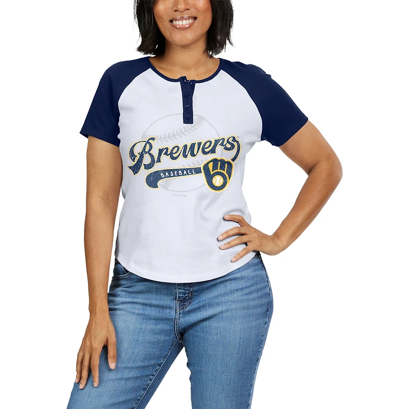 Women's WEAR by Erin Andrews White/Navy Milwaukee Brewers Fitted Henley Raglan T-Shirt